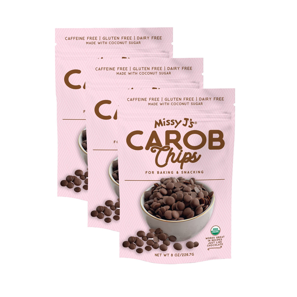 Missy J's Organic Carob Chips shown as round melting chips for baking.