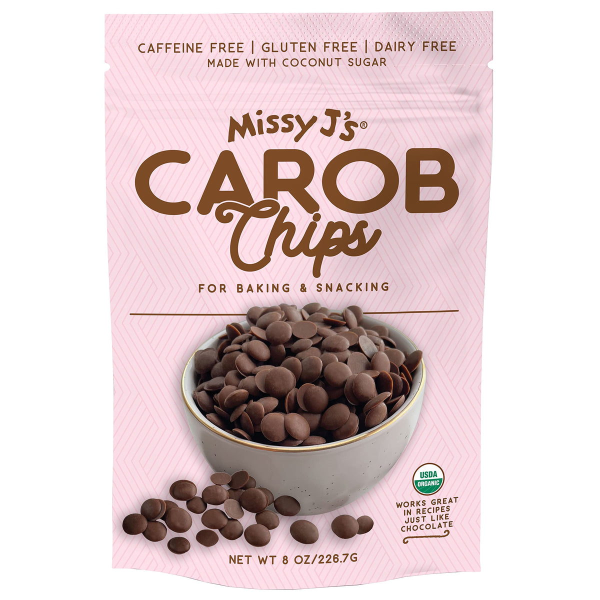 Missy J's carob chips offer tasty snacking and dessert topping options.