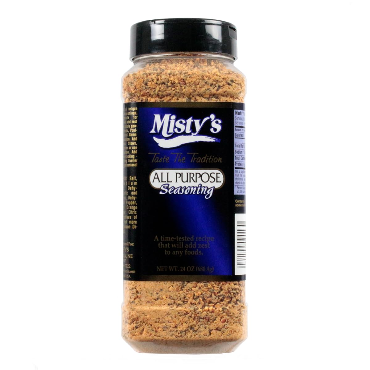 Misty's Steakhouse seasoning bottle front view, bold flavor ready for grilled steaks.