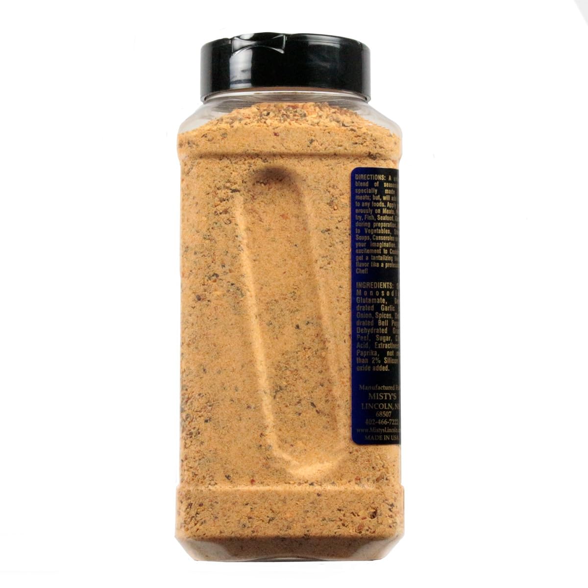 Misty's Steakhouse seasoning bottle side view, versatile for poultry and pork.