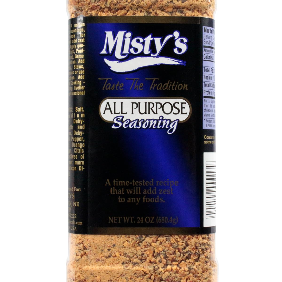 Misty's Steakhouse seasoning label close-up, premium gluten-free meat seasoning.