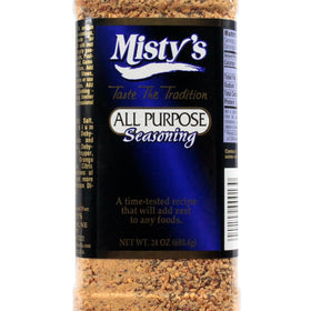 Misty's Steakhouse seasoning label close-up, premium gluten-free meat seasoning.