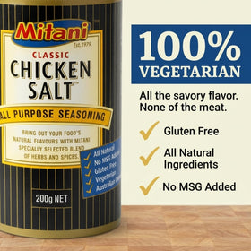 Mitani Classic Chicken Salt dispense shot demonstrates easy shaker use for quick flavor boosts.