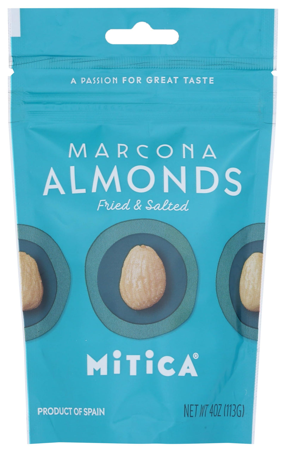 Mitica Marcona almonds 4oz packaging; salted and fried for pastry garnishes.