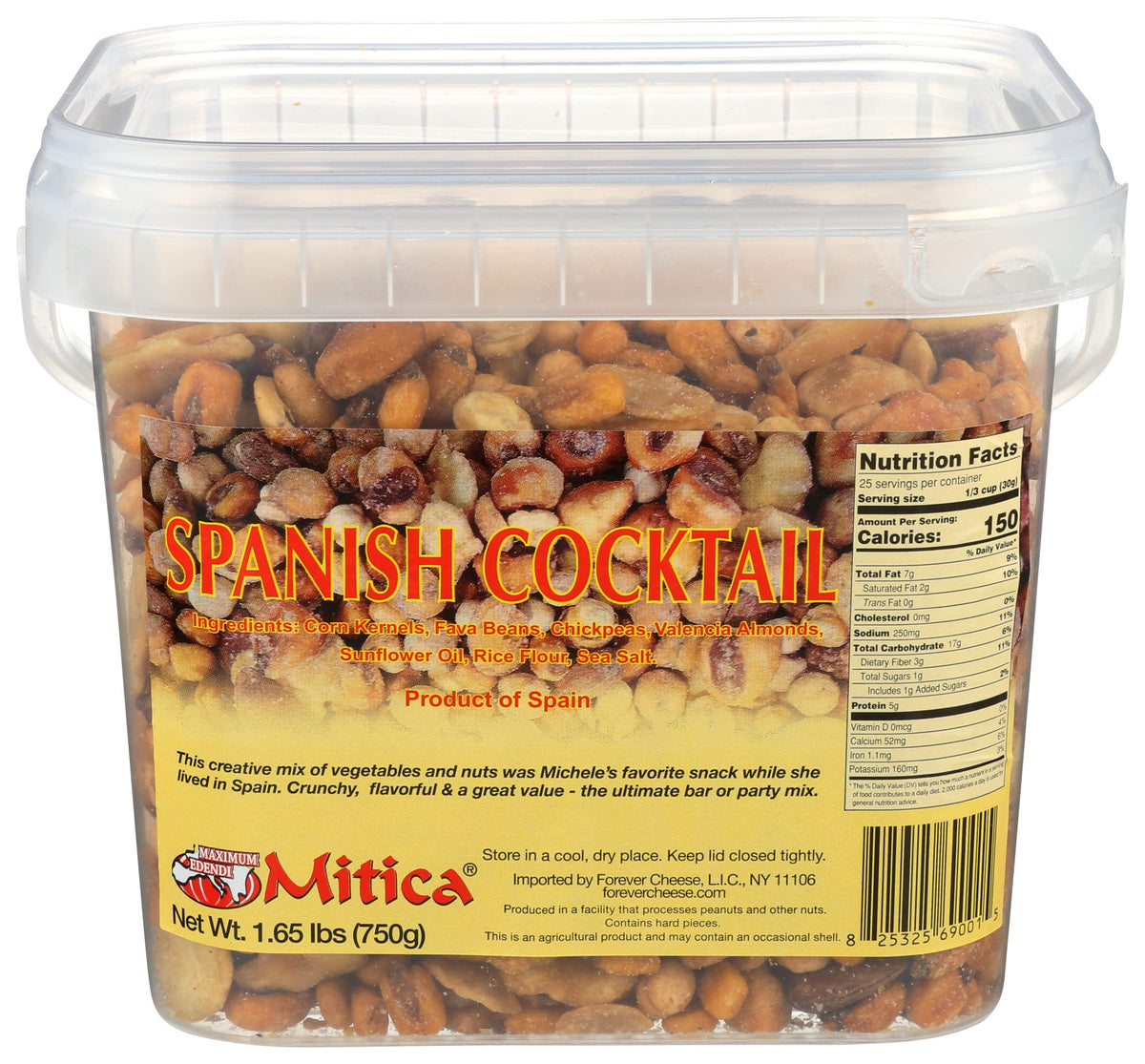 Mitica Spanish cocktail mixed nuts tub, perfect for sharing during wine or beer nights.