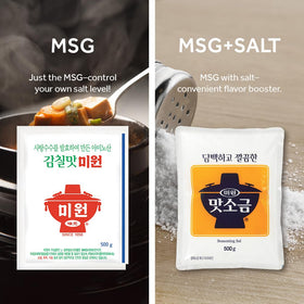 Chung Jung One Miwon MSG Salt Seasoning powder closeup shows fine granules for even seasoning.