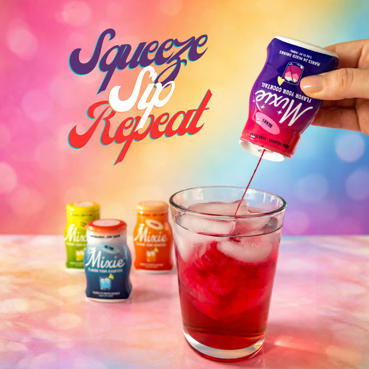 Mixie Ice Pop flavor drops on bottle, highlighting versatile mocktails and seltzers.