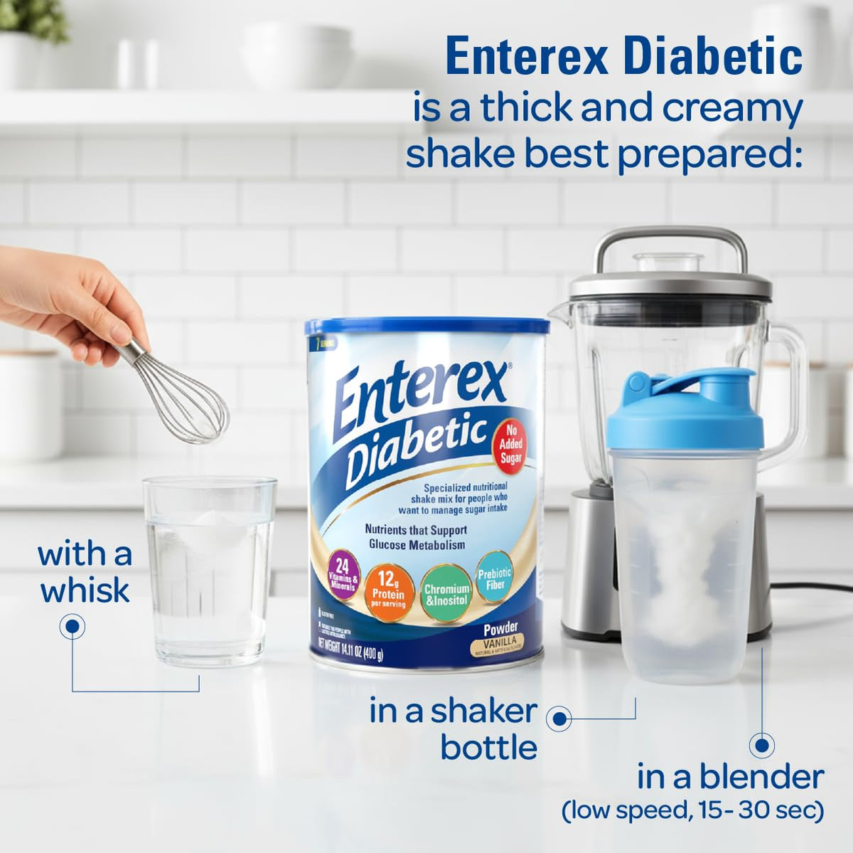 Mixing instructions showing three scoops with water for easy preparation.