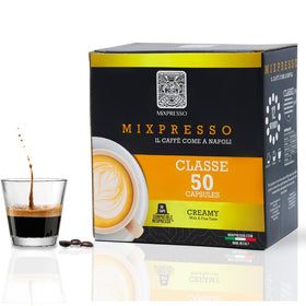 Mixpresso Classe box front showcases easy-to-use espresso capsules for home use