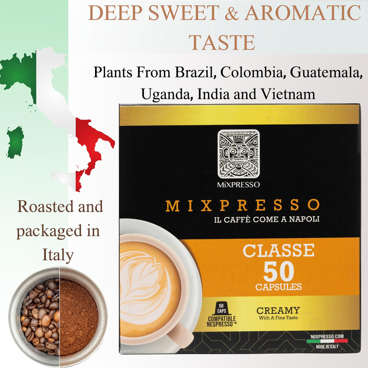 Close-up of Mixpresso Classe capsule reveals premium grind for espresso