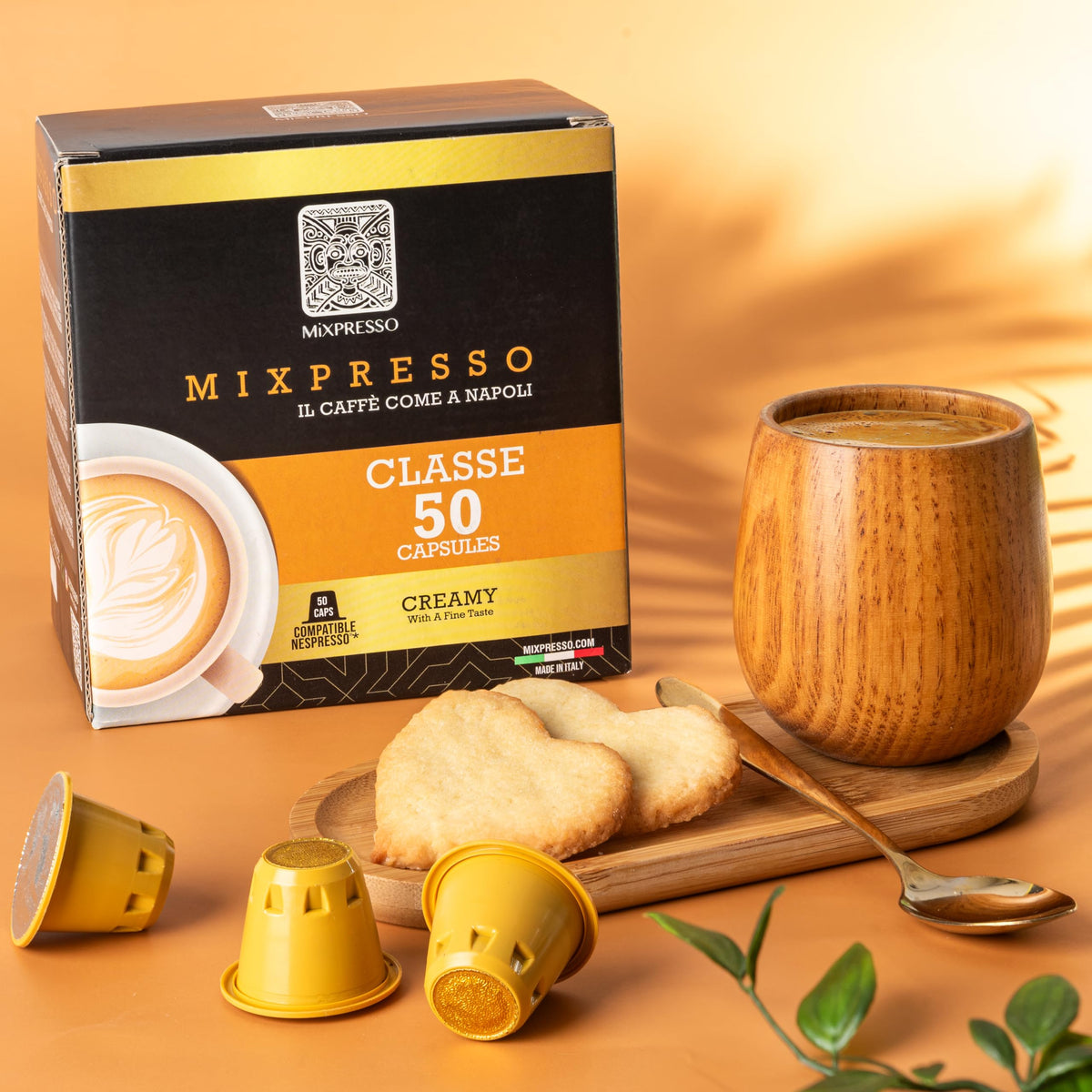 Warm kitchen scene with Mixpresso Classe capsules ready for morning brew