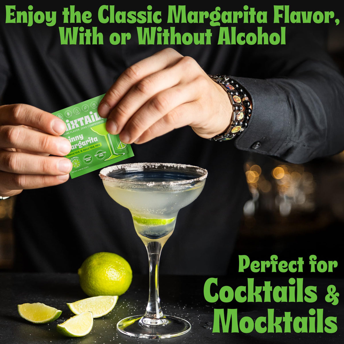 Pair MIXTAILS with tequila for a skinny margarita.