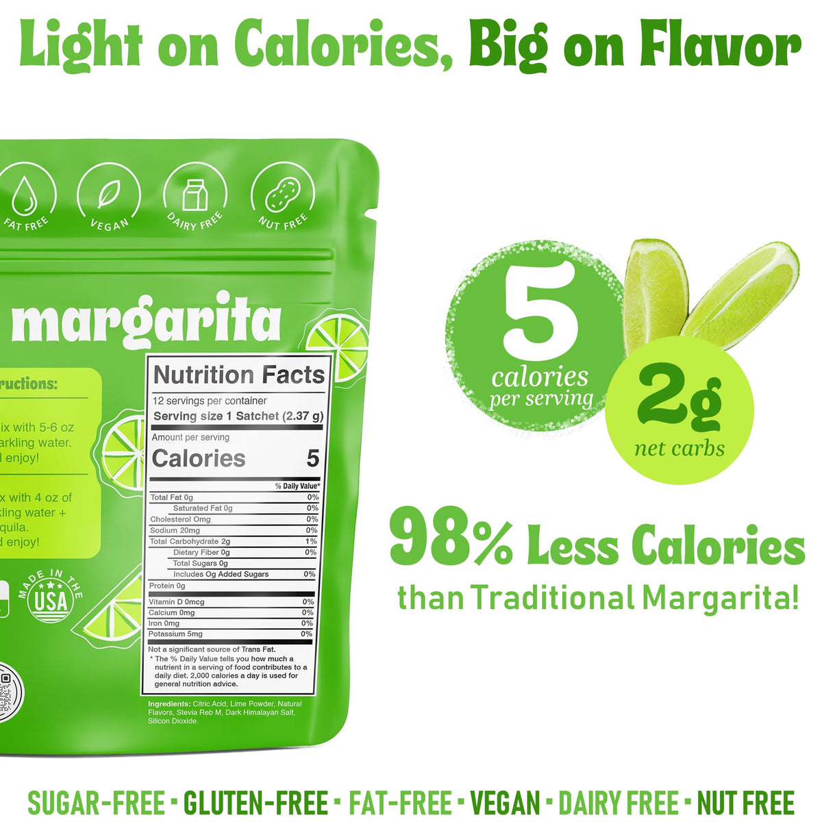 Single-serve MIXTAILS packet beside sparkling water, ready in seconds.