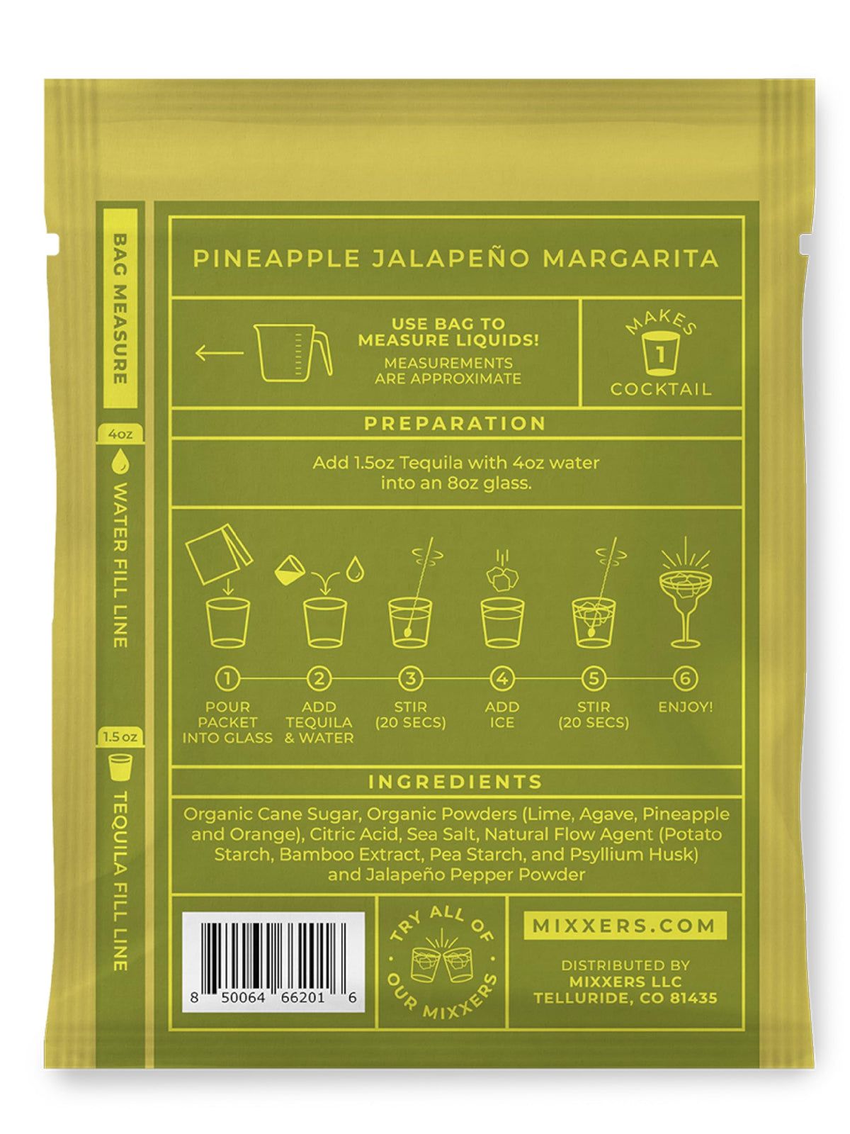 Close-up of Mixxers margarita packets for quick, mess-free prep.