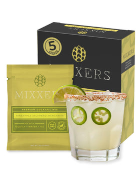 Mixxers spicy pineapple jalapeño margarita packets ready for on-the-go mixing.