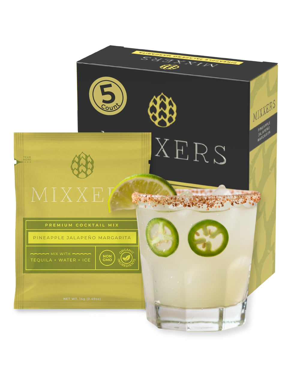 Mixxers spicy pineapple jalapeño margarita packets ready for on-the-go mixing.