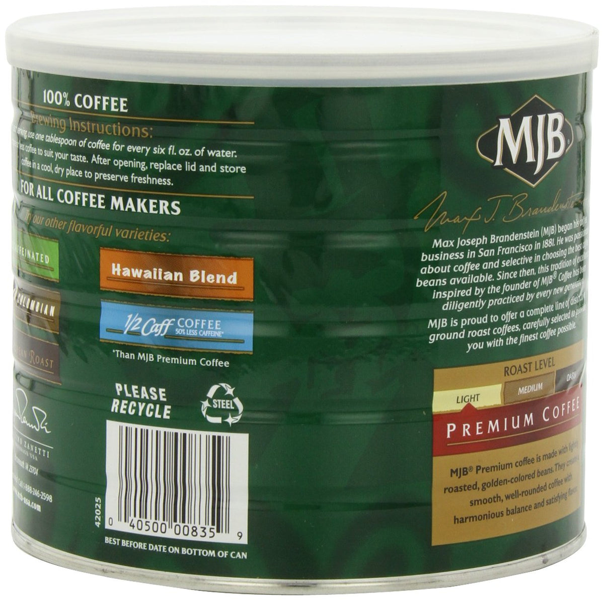 MJB Coffee Premium Blend ground coffee close-up highlighting versatile grind for all brewers.