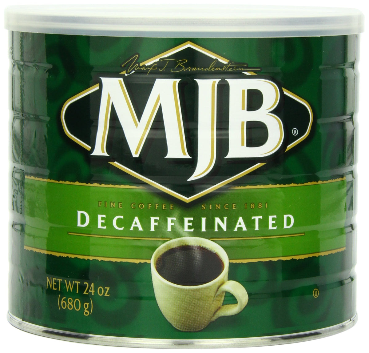 MJB Premium Decaf Ground Coffee can front view for a smooth, versatile brew.