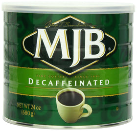 MJB Premium Decaf Ground Coffee can front view for a smooth, versatile brew.