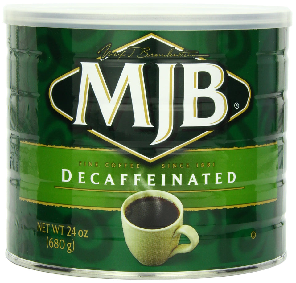 MJB Premium Decaf Ground Coffee can front view for a smooth, versatile brew.