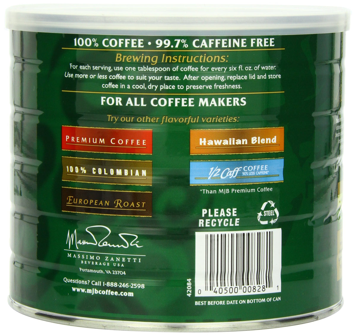 MJB Premium Decaf Ground Coffee being poured into a cup for a balanced sip.