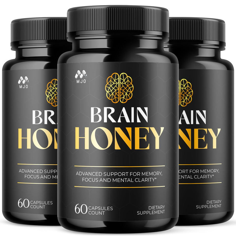 MJO Brain Honey Capsules 3-pack bottle front for convenient daily wellness.