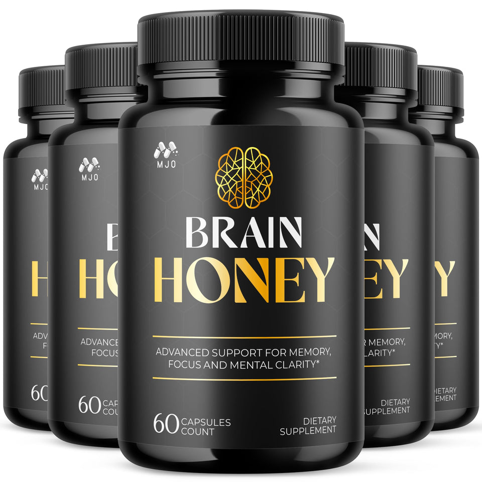 MJO Brain Honey Capsules 5-pack bottle front view for daily wellness.