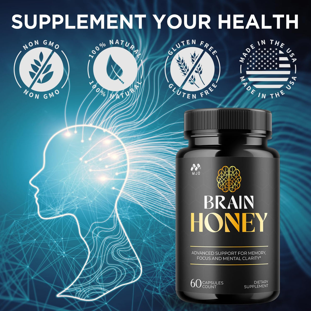 MJO Brain Honey Capsules multivitamin capsule diagram for health routine.