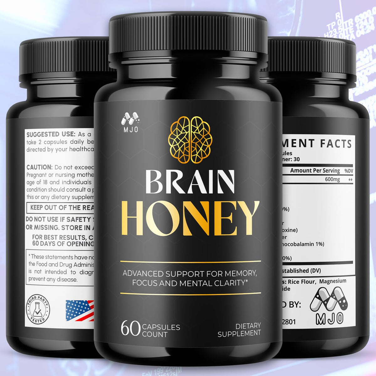 MJO Brain Honey Capsules closeup of pills highlighting premium all-natural ingredients.