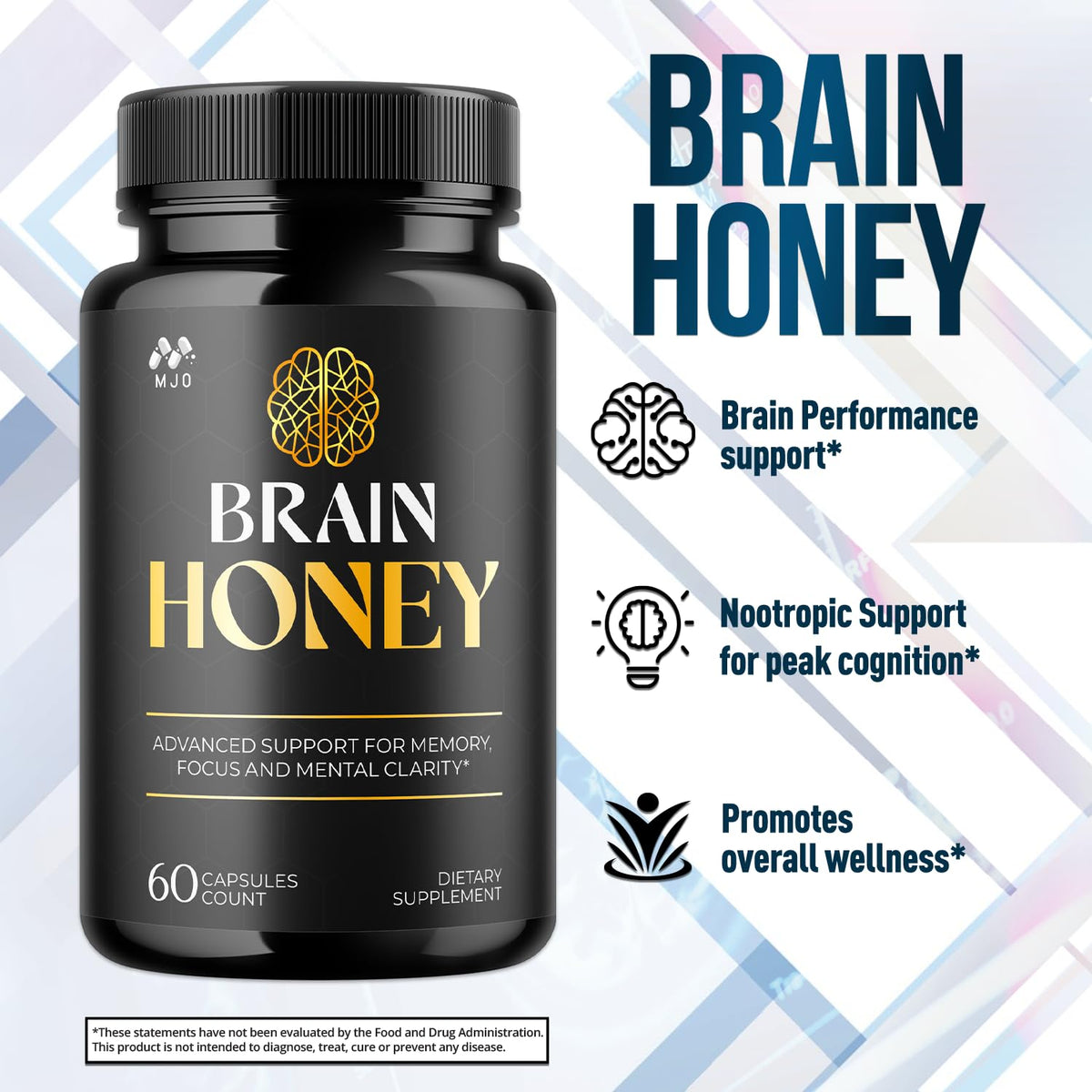 Detail of MJO Brain Honey label emphasizing purity and consistency