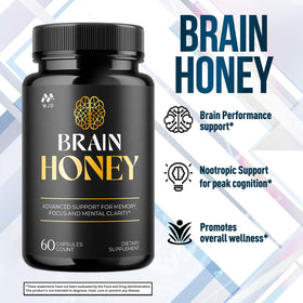 Detail of MJO Brain Honey label emphasizing purity and consistency