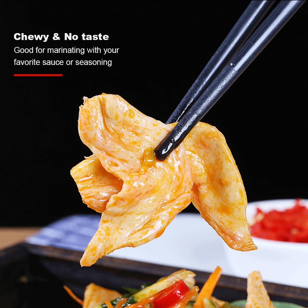 Mkostlich dried soy strips texture closeup reveals chewy, versatile bean bite.