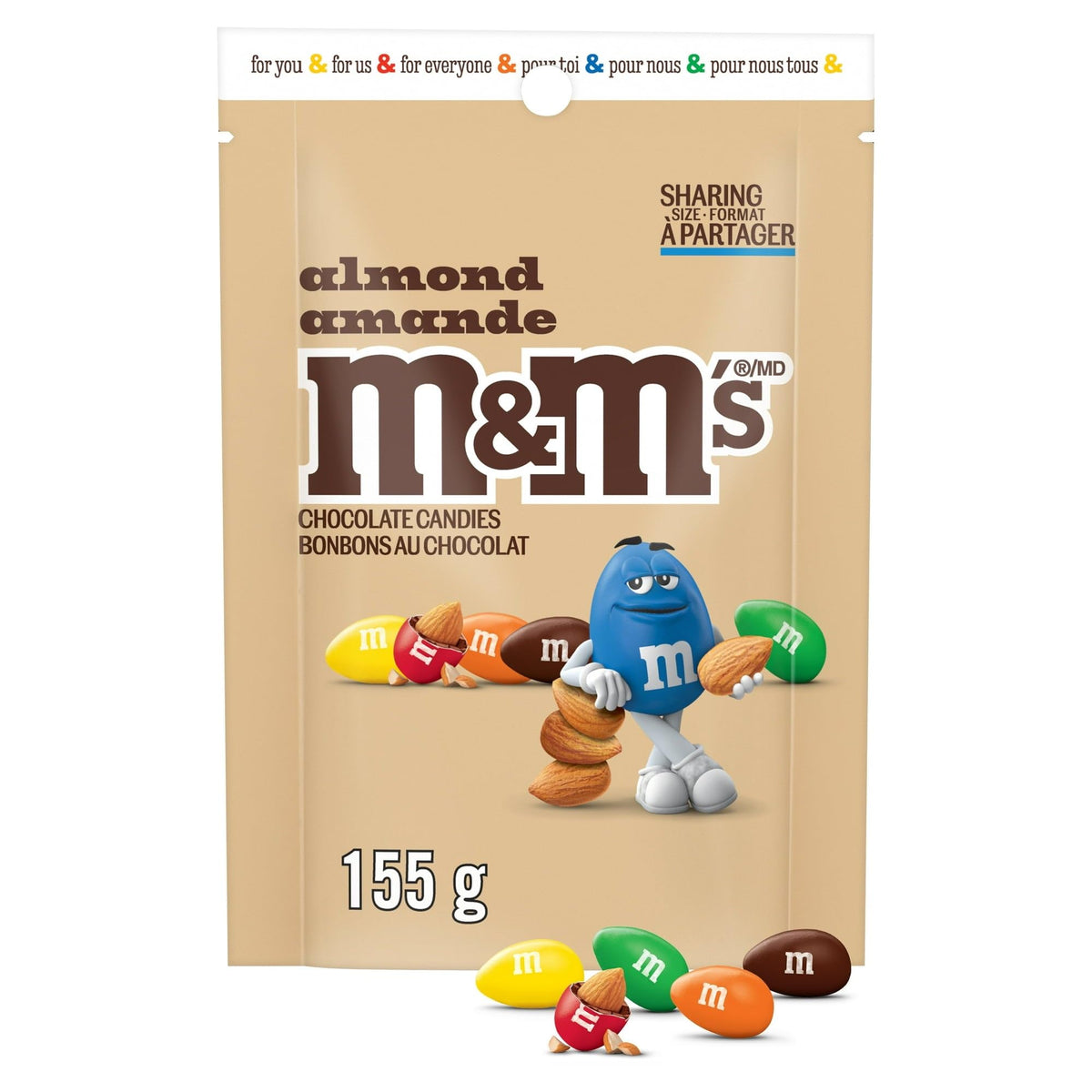 M&M'S Almond Milk Chocolate Candies close-up showing almond center and colorful shell for snacking