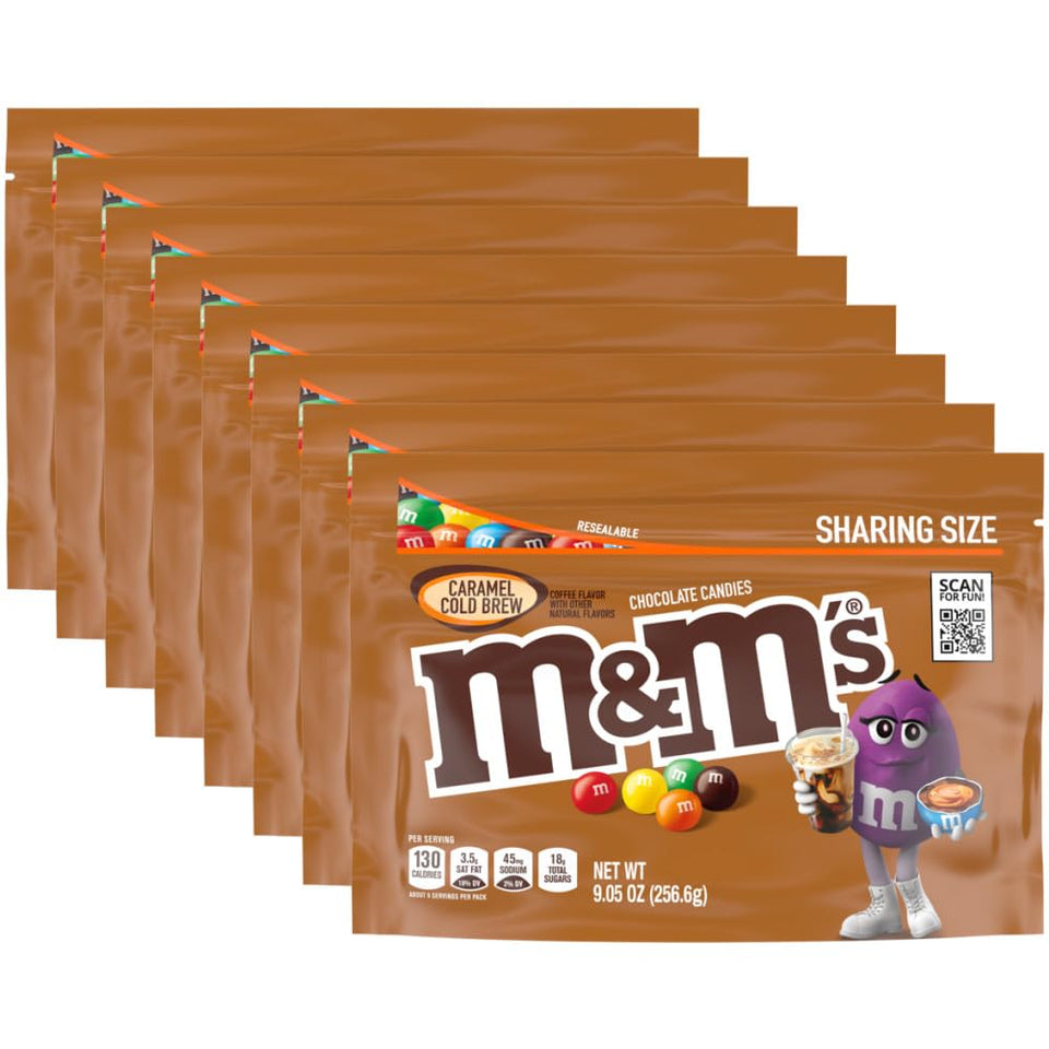 M&M'S Caramel Cold Brew candy bag with resealable closure keeps treats fresh for sharing.