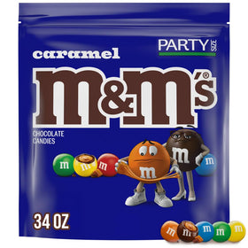 M&M'S Caramel Milk Chocolate Candy bulk bag with resealable lid, ideal for parties.