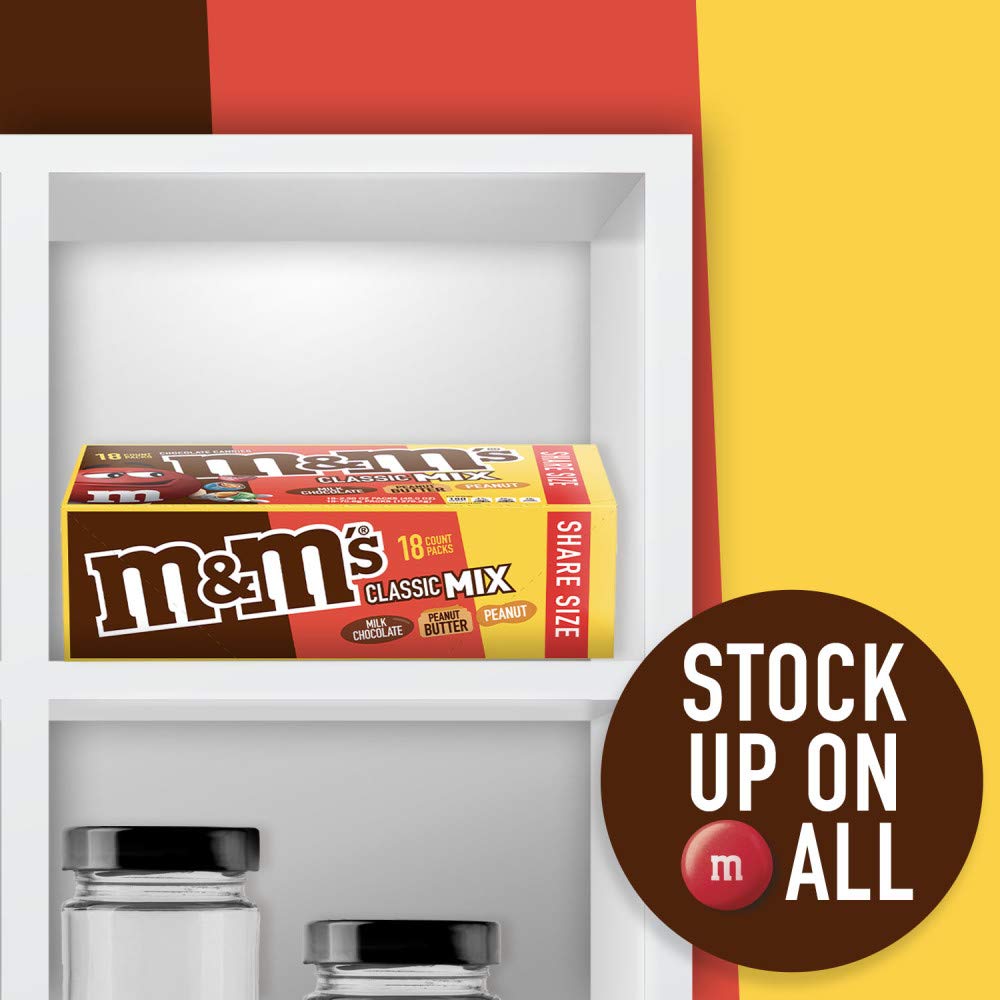 M&M'S colorful bags stacked for quick, shareable snacks.