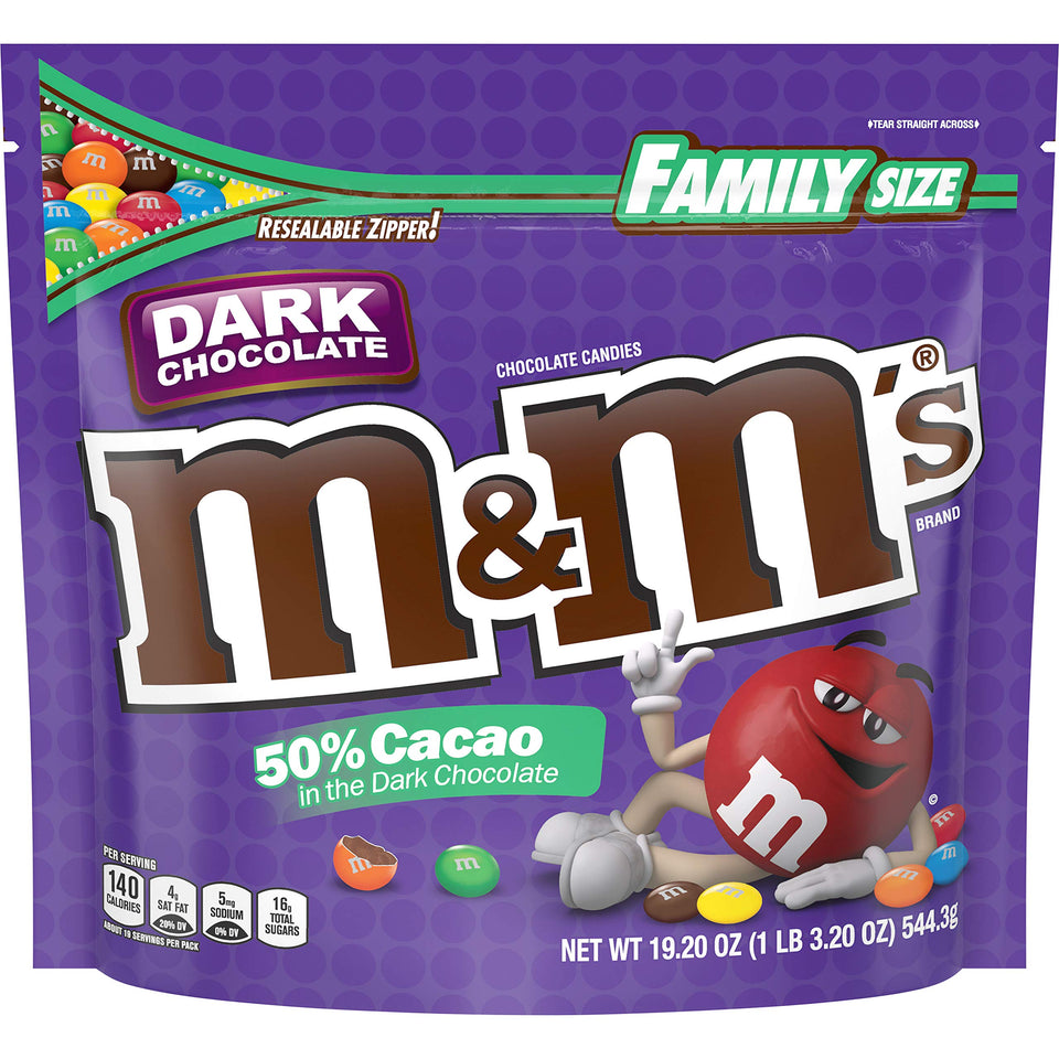 M&M'S dark chocolate candy bag close-up; 50% cacao; ideal for sharing.