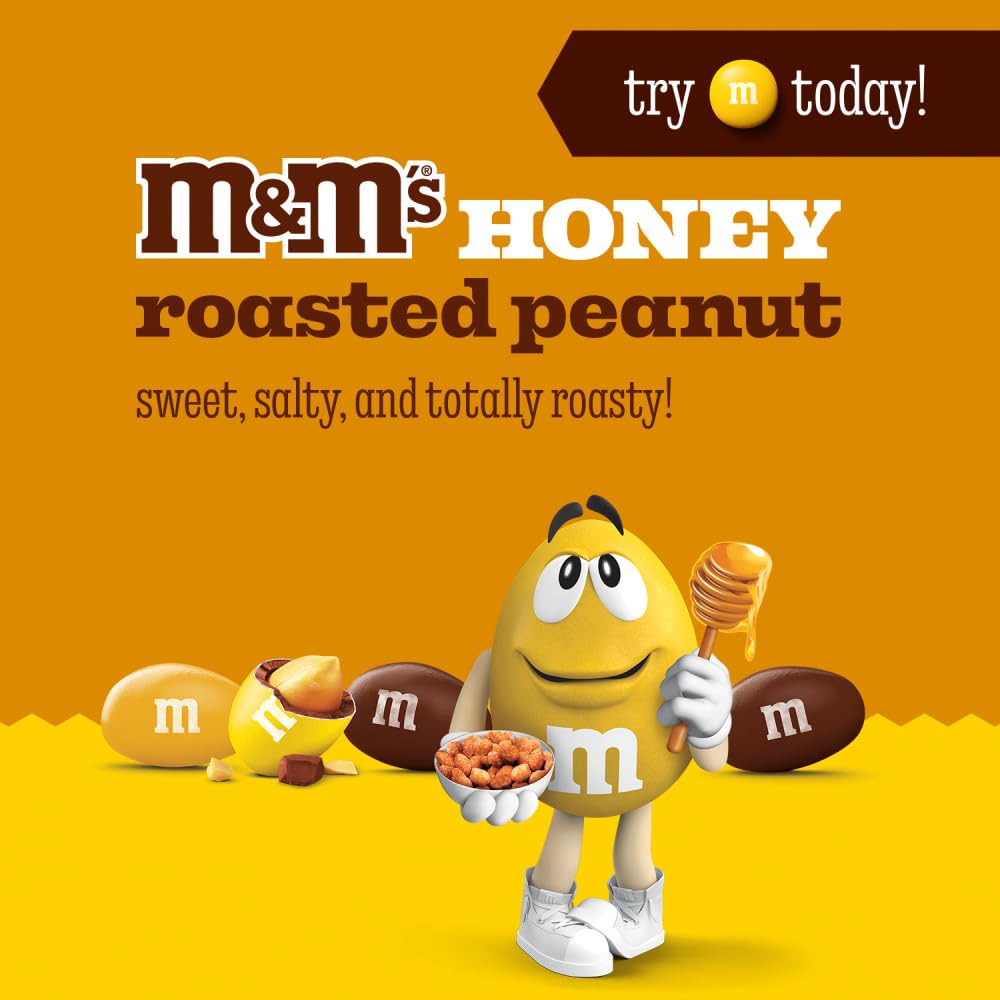 M&M'S Honey Roasted Peanut Milk Chocolate closeup showing creamy chocolate and peanuts.