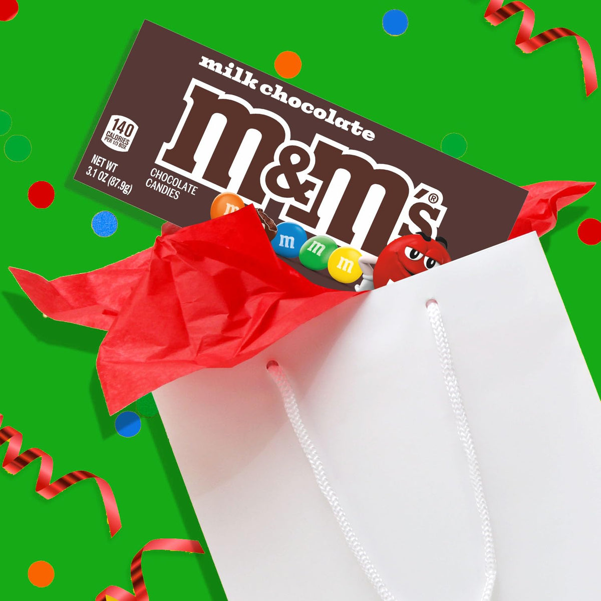 M&M'S Milk Chocolate colorful shells ready for travel and cinema snacking.