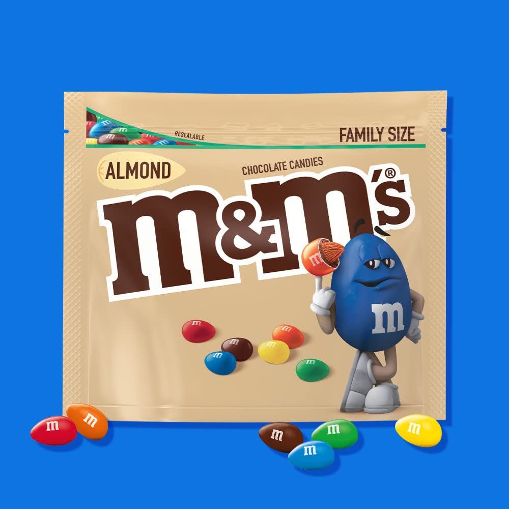 M&M'S Almond Milk Chocolate almonds close-up showing creamy chocolate and crunch.