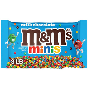 M&M'S MINIS Milk Chocolate bag close-up, ideal for baking and sharing.