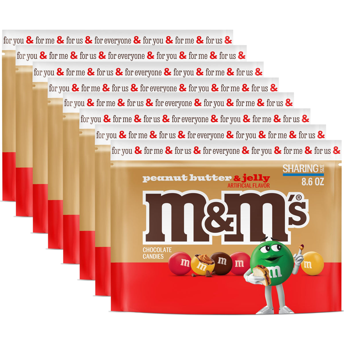 M&M's Peanut Butter & Jelly candy bag front with colorful shells, ideal for sharing.