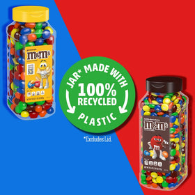 M&M's Peanut Milk Chocolate bulk candy jar display highlighting roasted peanuts.