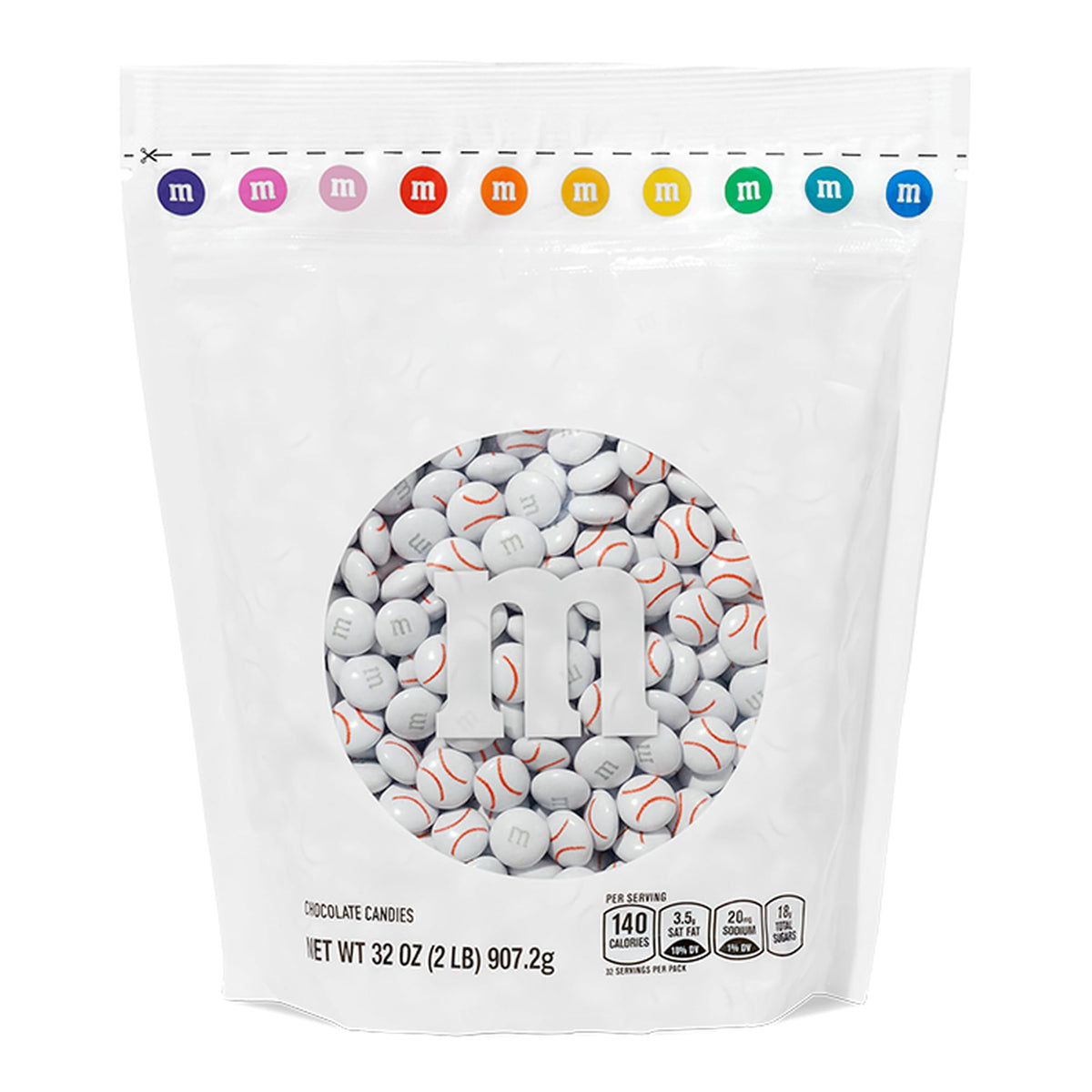M&M's World baseball M&M's 2 lb bag with red laces for party decor and favors.