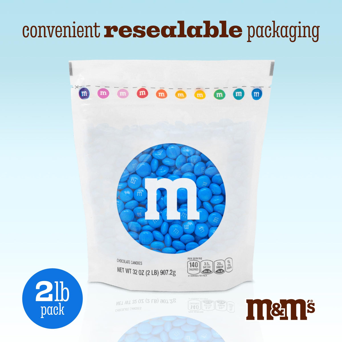 M&M'S WORLD blue chocolate pieces store easily in the resealable 2 lb bag.