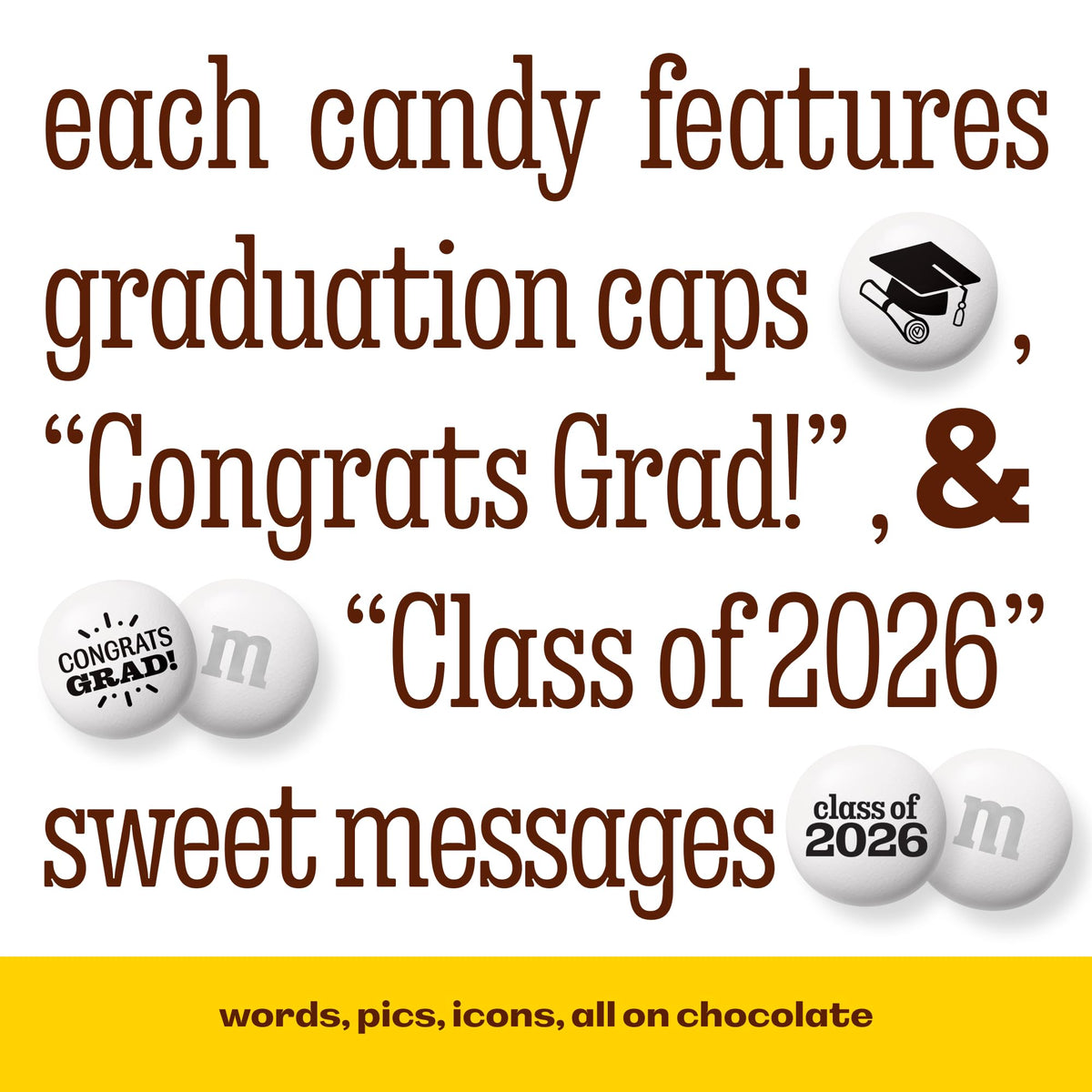Cake topper and decor accents featuring M&M’S World graduation prints.