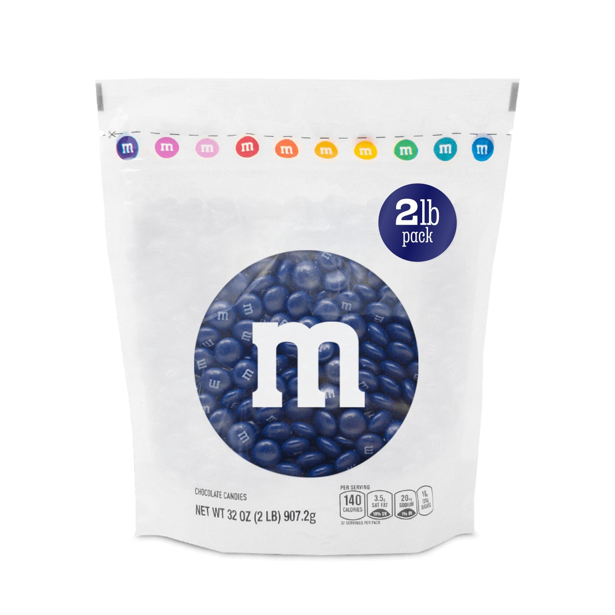 M&M'S WORLD dark blue milk chocolate candy bulk bag closeup, perfect for sharing.