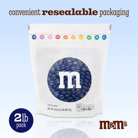 M&M'S WORLD dark blue milk chocolate candy gift jar presentation for easy gifting.