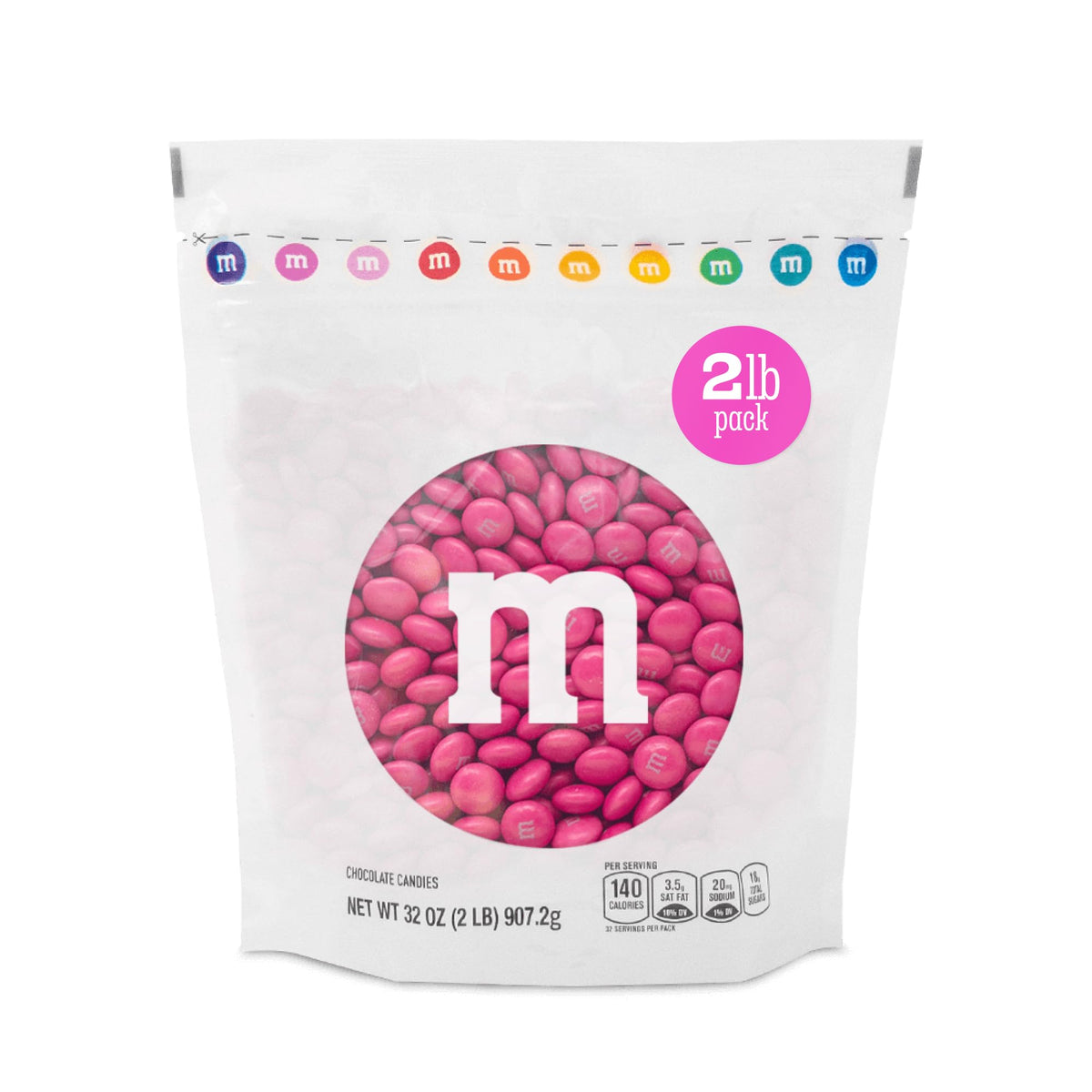 M&M’S World dark pink milk chocolate candies in a resealable 2lb bag for freshness and sharing