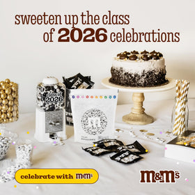 Dessert table decor using Class of 2026 M&M’S to coordinate treats and displays.